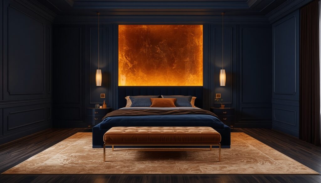 25 Cozy Navy Blue Bedroom Ideas to Create a Romantic Blueprint 11 Dramatic navy blue bedroom interior with a glowing warm amber back panel behind the bed and an amber-colored patterned rug.