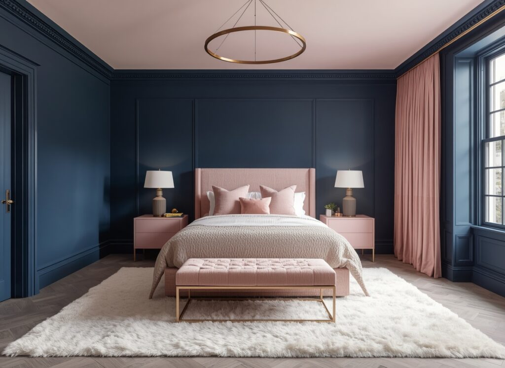 25 Cozy Navy Blue Bedroom Ideas to Create a Romantic Blueprint 12 Romantic navy blue bedroom with an elegant soft pink ceiling, a textured pink fabric bed, and herringbone pattern wood flooring.