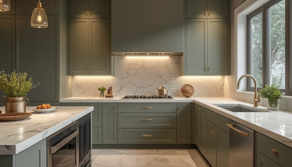15 Smart Kitchen Remodeling Ideas on a Budget (DIY Guide) 4 Refaced sage green cabinets offering a smart kitchen remodeling idea on a budget