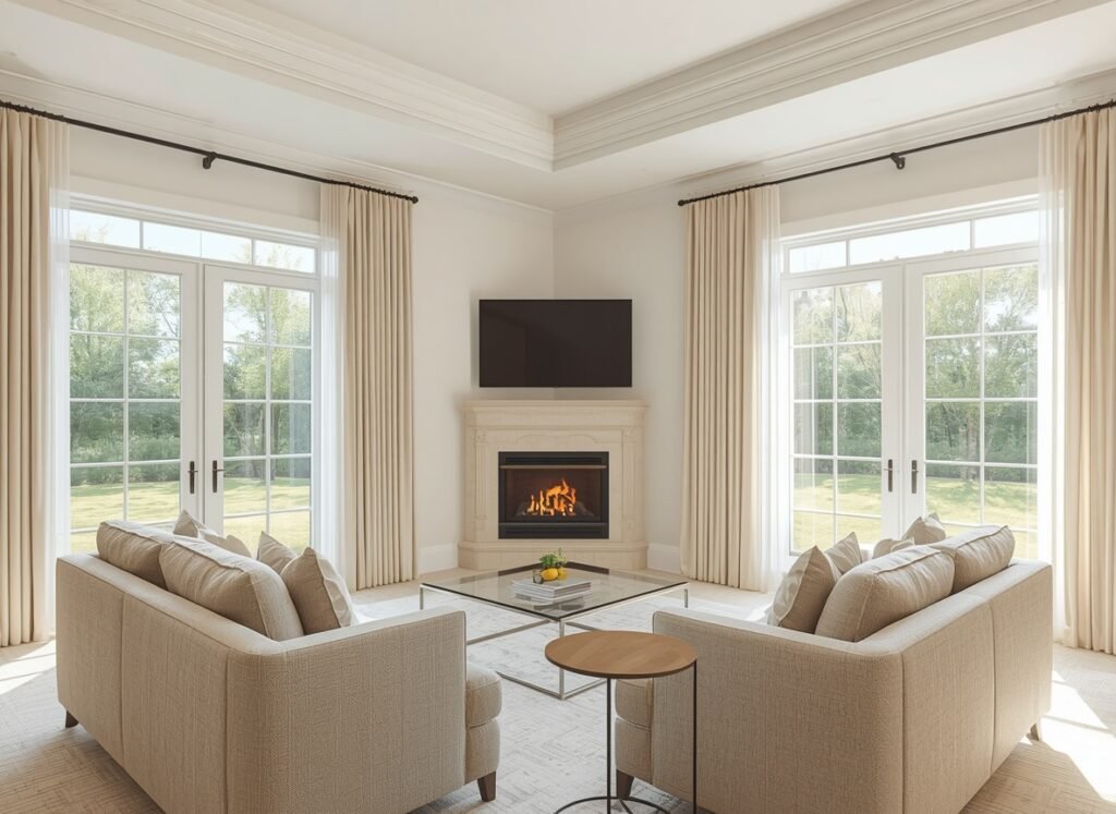 10 Tips for Navigate the Challenges of Small Space Design 4 Small living room with corner fireplace and TV mounted above it