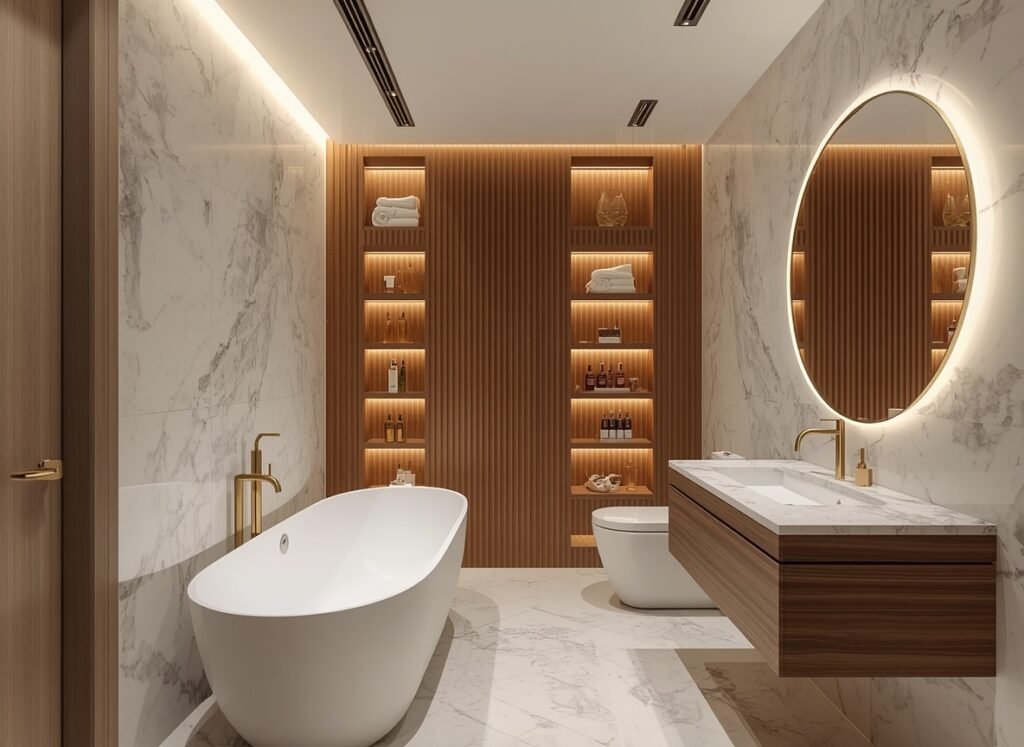 10 Tips for Navigate the Challenges of Small Space Design 13 Small luxury bathroom with standalone bathtub and tall wall shelves