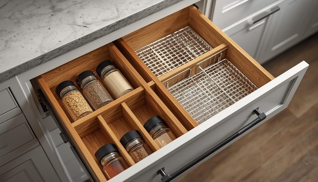 15 Smart Kitchen Remodeling Ideas on a Budget (DIY Guide) 15 Wooden cabinet drawer organizer installed as a practical kitchen remodeling idea on a budget