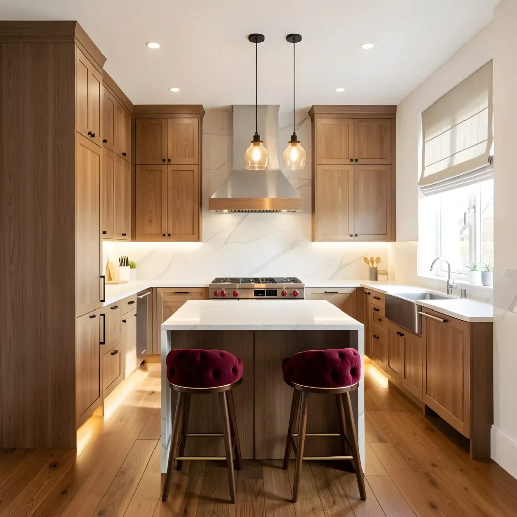 10 Tips for Navigate the Challenges of Small Space Design 6 U shaped small kitchen with tall wooden cabinets and center counter