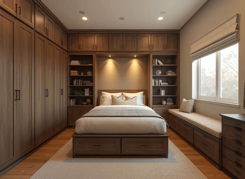 10 Tips for Navigate the Challenges of Small Space Design 7 Small bedroom with built in storage cabinets and under bed drawers