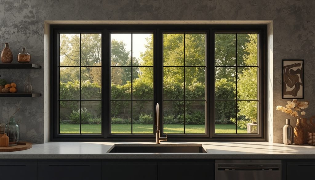 15 Smart Kitchen Remodeling Ideas on a Budget (DIY Guide) 9 Matte black painted window frame presenting a creative kitchen remodeling idea on a budget