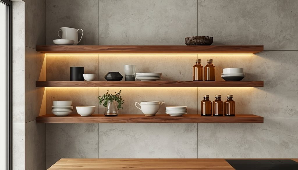 15 Smart Kitchen Remodeling Ideas on a Budget (DIY Guide) 10 Floating oak shelves used as an open space kitchen remodeling idea on a budget