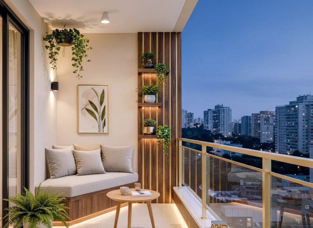 10 Tips for Navigate the Challenges of Small Space Design 10 Small balcony with custom corner seating bench and wall plants