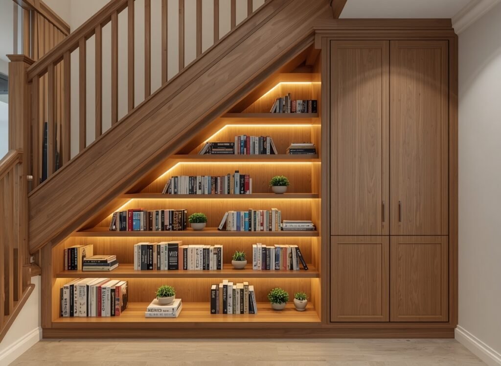 10 Tips for Navigate the Challenges of Small Space Design 11 Custom wooden bookshelf and reading corner built under the stairs