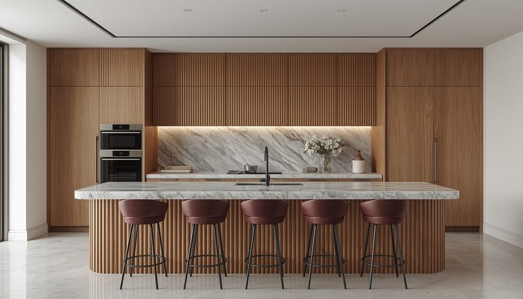 15 Smart Kitchen Remodeling Ideas on a Budget (DIY Guide) 11 Fluted oak paneled island base showcasing a luxury kitchen remodeling idea on a budget