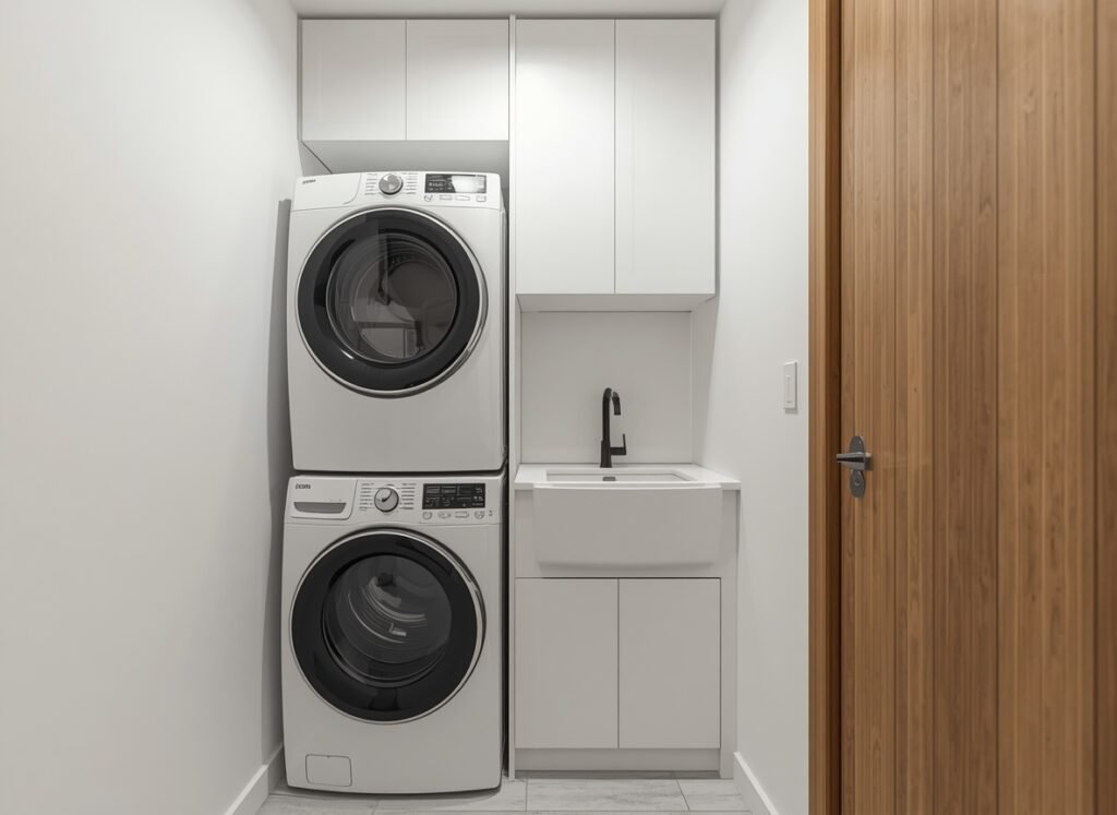 10 Tips for Navigate the Challenges of Small Space Design 12 Small laundry area with stacked washer and dryer and tall cabinets