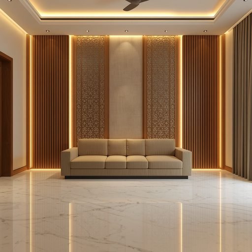 Solid teak wood accent wall in a Pakistani drawing room