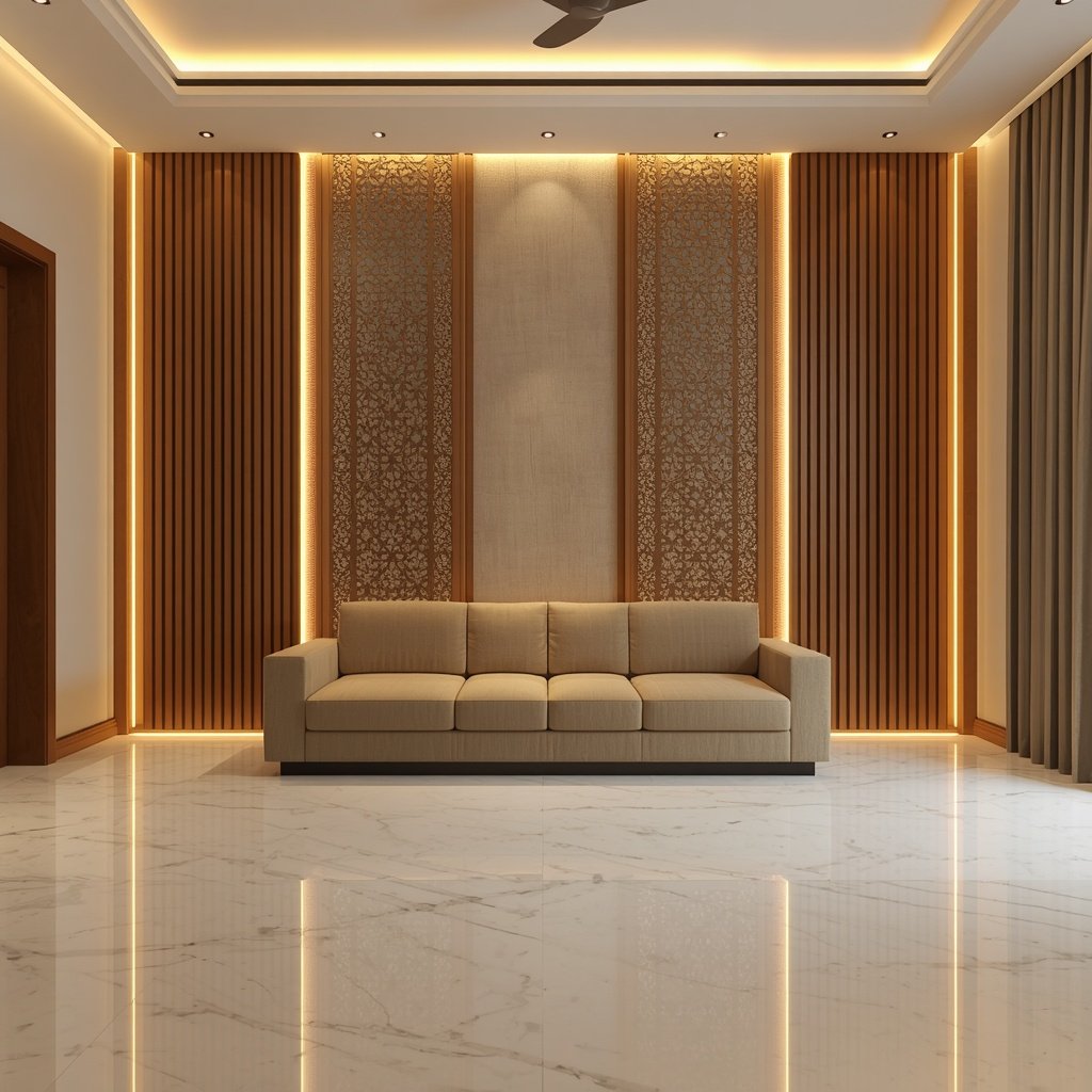 Solid teak wood accent wall in a Pakistani drawing room