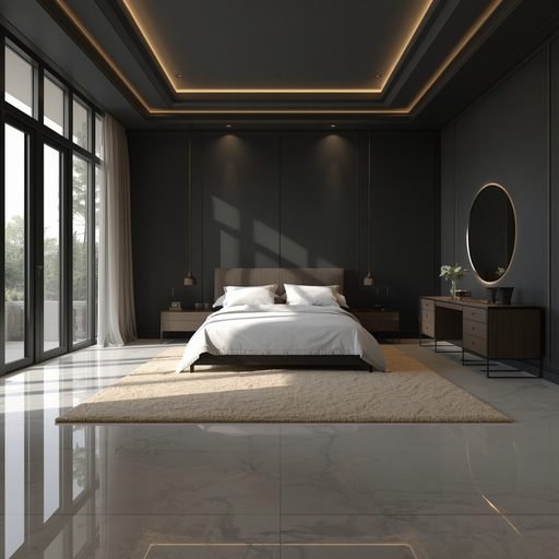Plush rug on marble floor in off-white painted bedroom