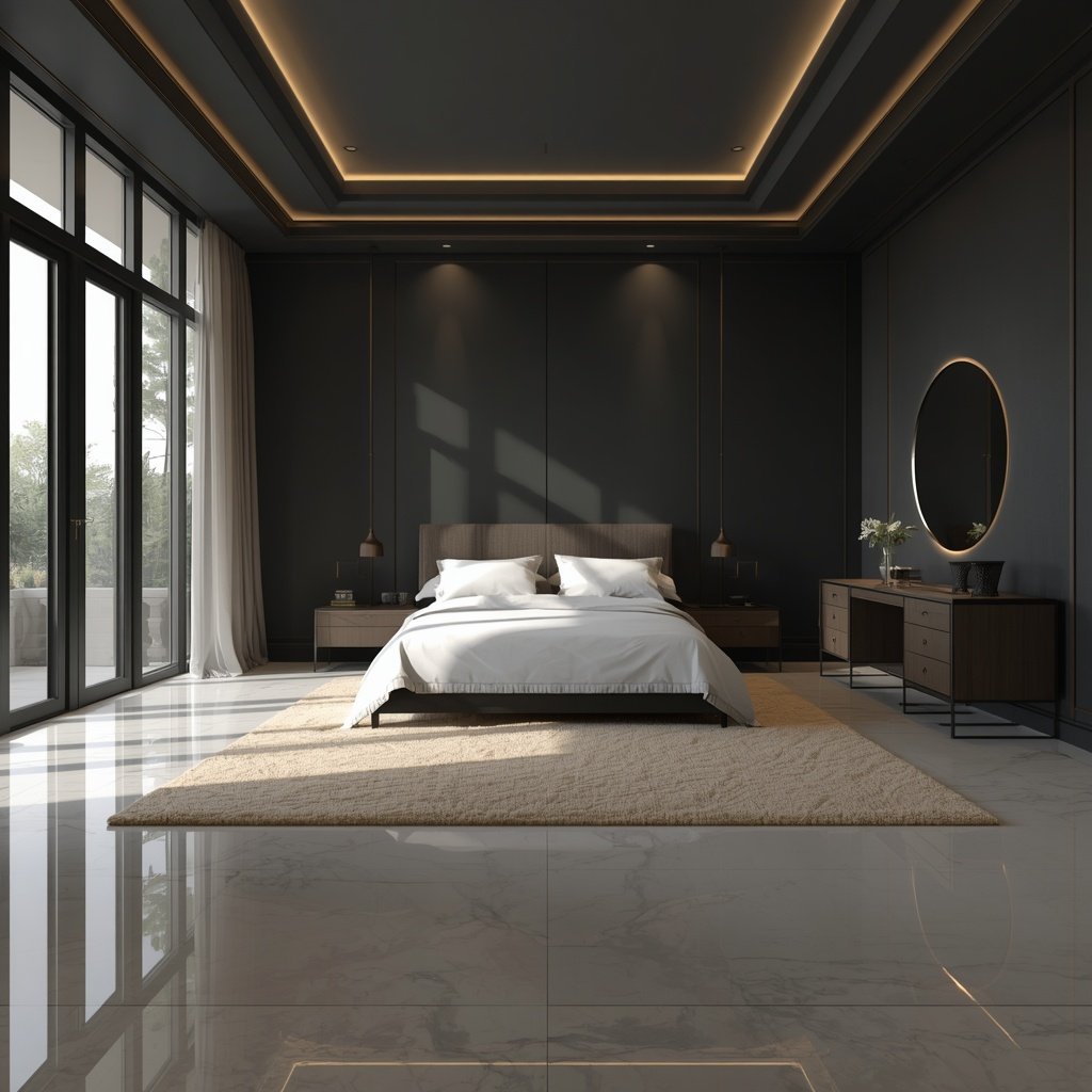 Plush rug on marble floor in off-white painted bedroom