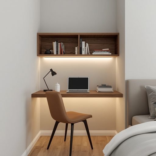 Wall-mounted floating wooden desk in modern bedroom corner