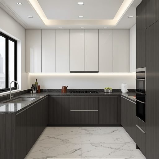 Two-tone off-white and charcoal cabinets in Pakistani kitchen