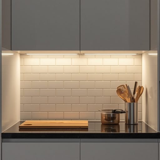 Under-cabinet LED task light strip in kitchen prep area