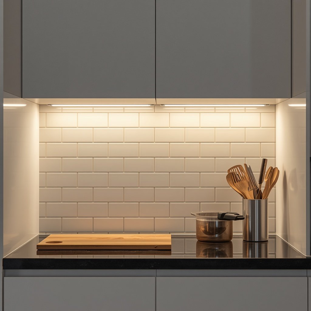 Under-cabinet LED task light strip in kitchen prep area