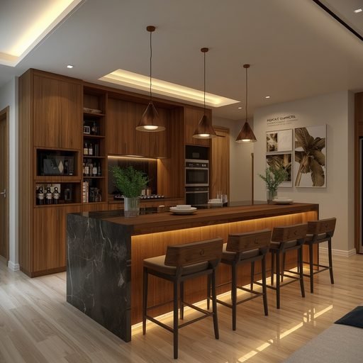 Modern kitchen island breakfast bar separating dining space