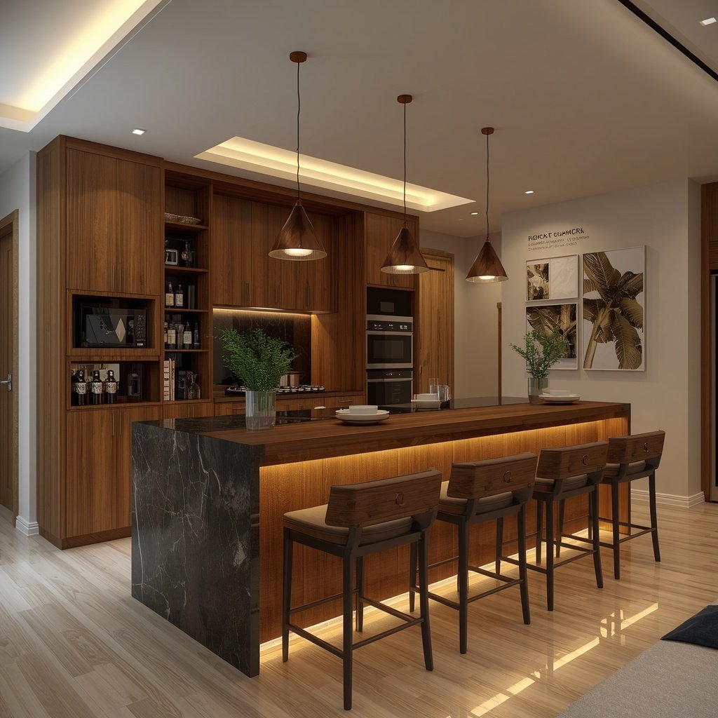 Modern kitchen island breakfast bar separating dining space