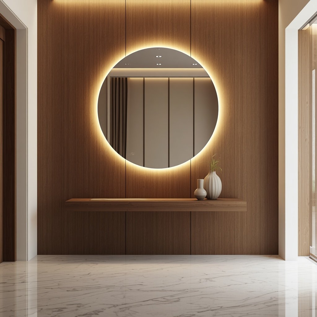Round backlit LED mirror and floating wood shelf in entryway