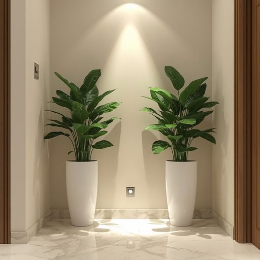 Indoor Snake Plant in ceramic planter with spotlight in hallway