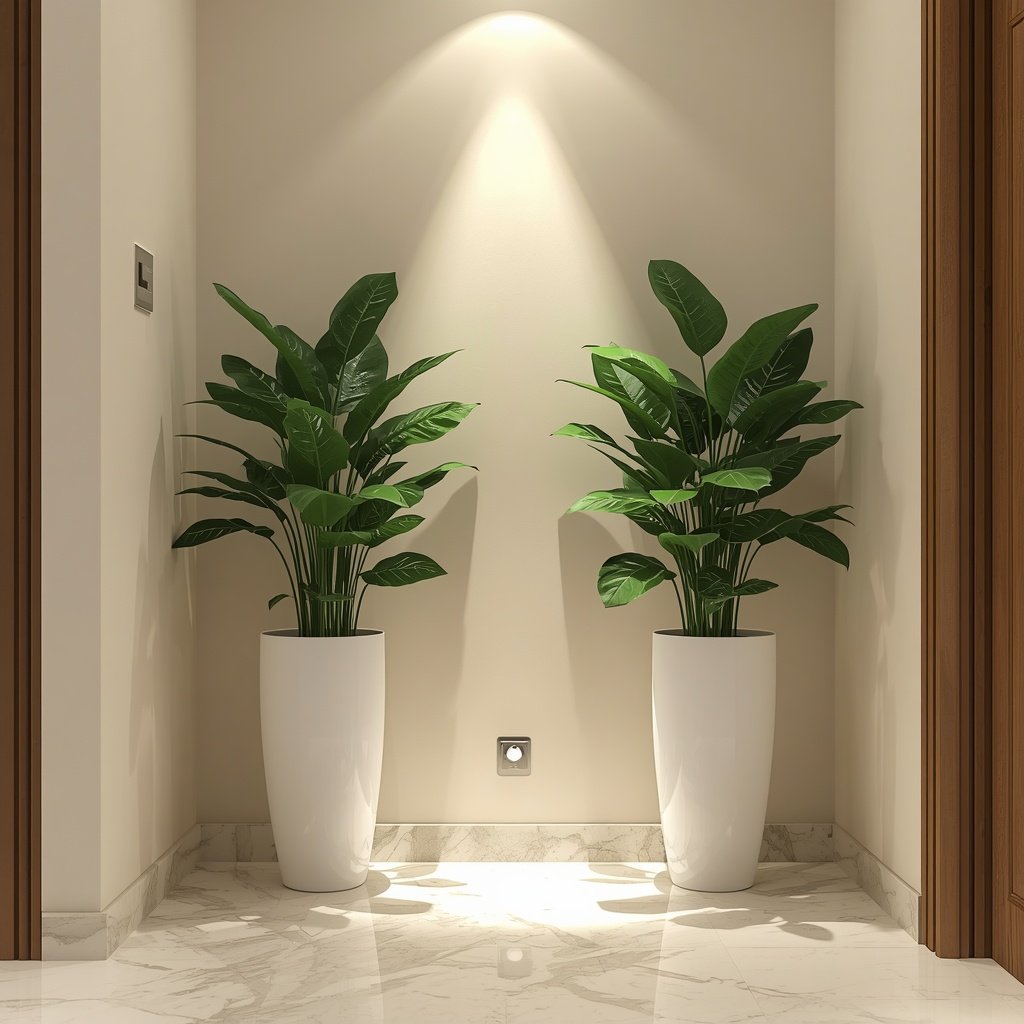 Indoor Snake Plant in ceramic planter with spotlight in hallway