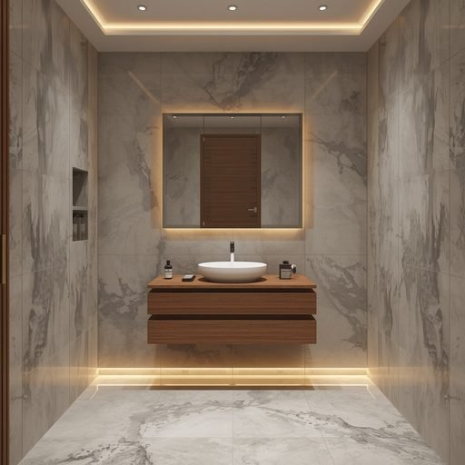 Floating wooden bathroom vanity with large marble wall tiles