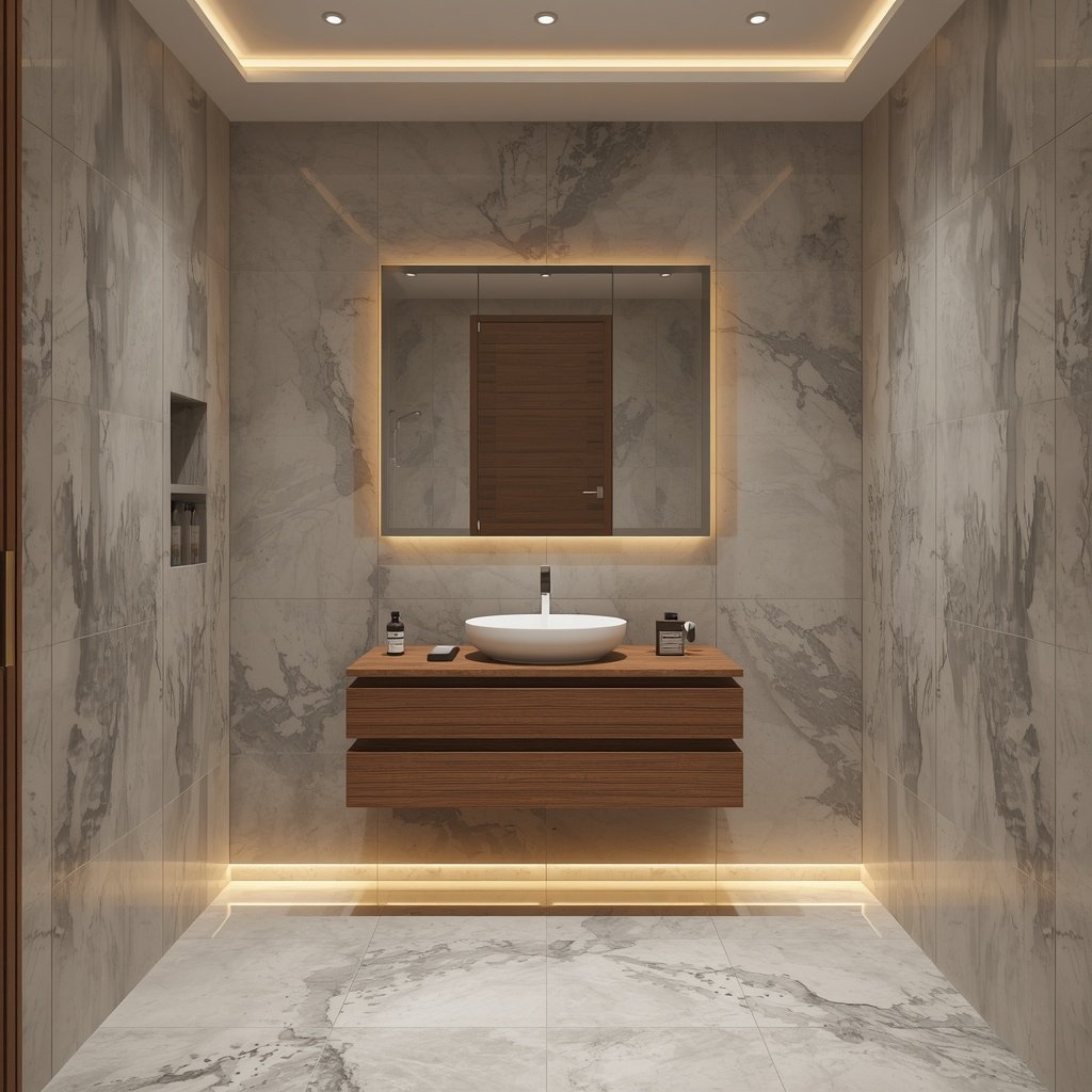 Floating wooden bathroom vanity with large marble wall tiles