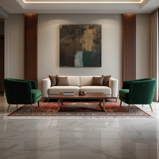 Neutral sofa with emerald velvet accent chairs in drawing room