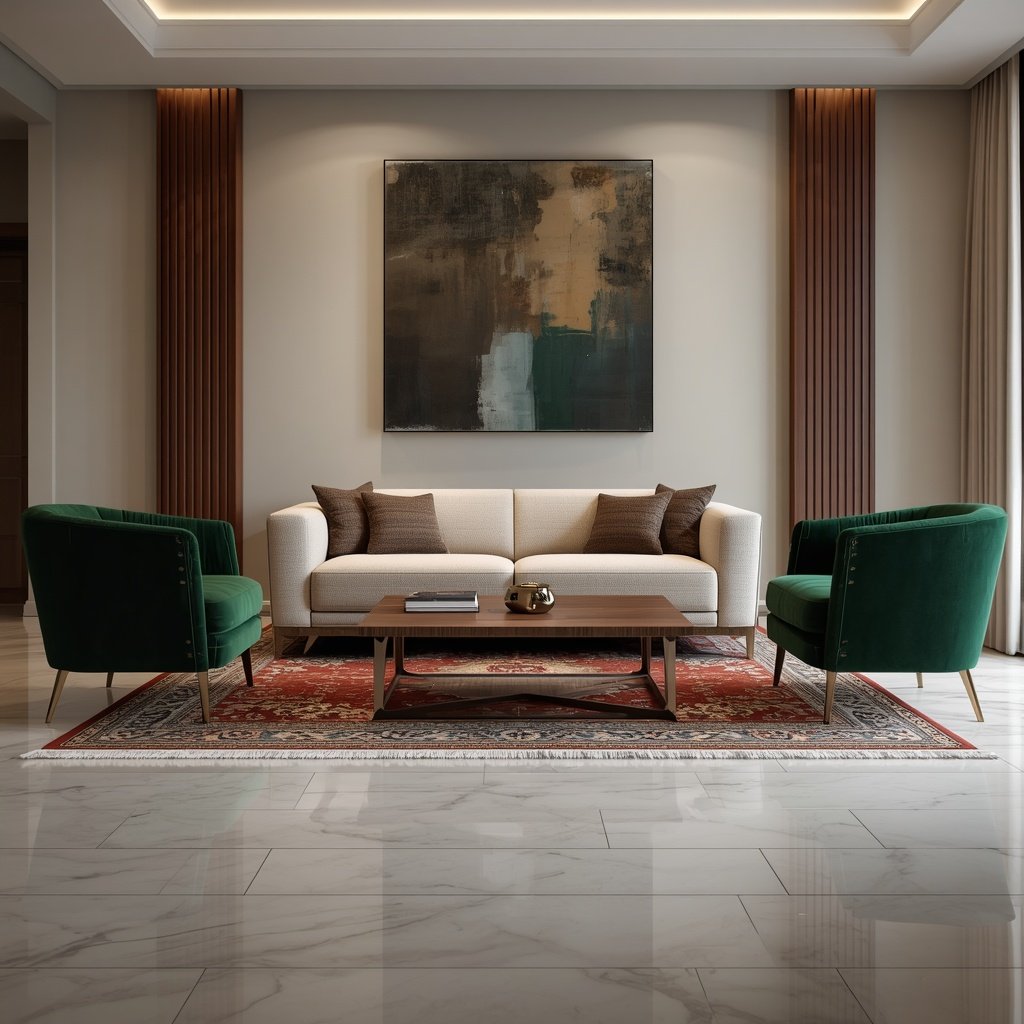 Neutral sofa with emerald velvet accent chairs in drawing room