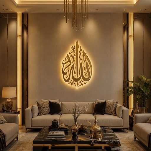 Backlit brass Arabic calligraphy frame on living room wall