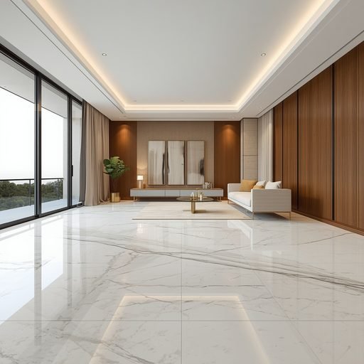 Polished Ziarat White marble floor tiles in drawing room