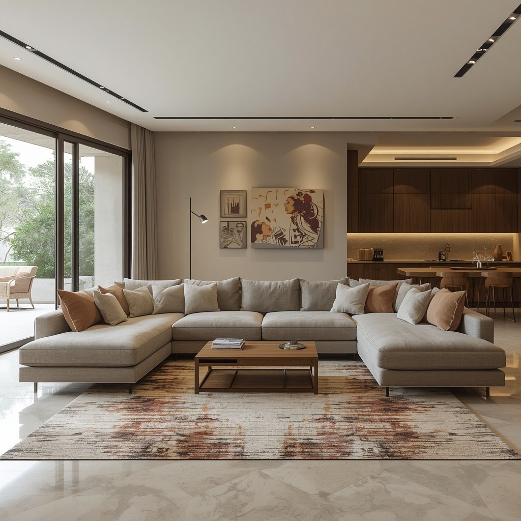 L-shaped sectional sofa setup in Pakistani home TV lounge