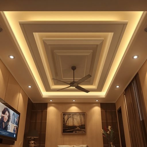 Warm LED false ceiling cove lighting in family TV lounge