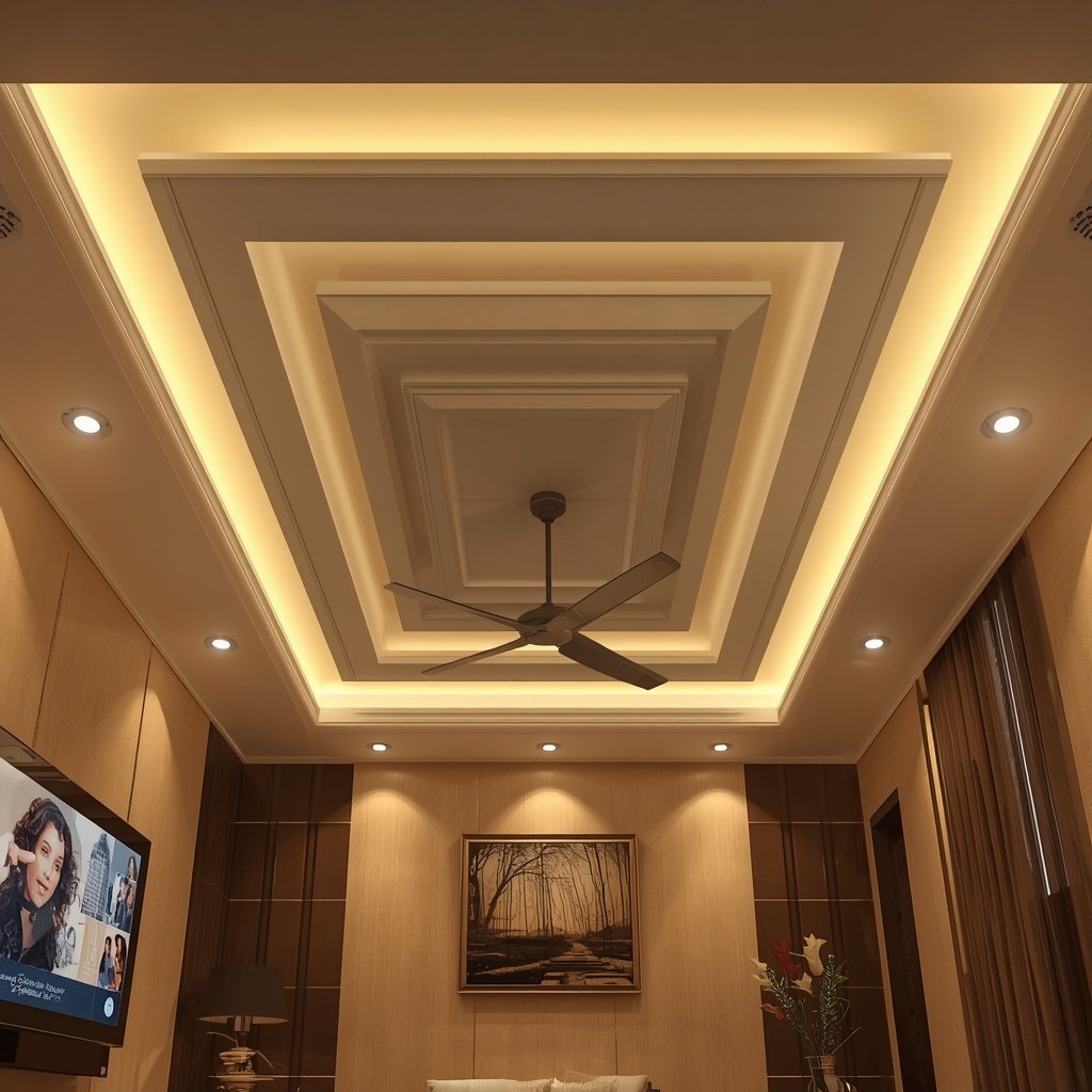 Warm LED false ceiling cove lighting in family TV lounge