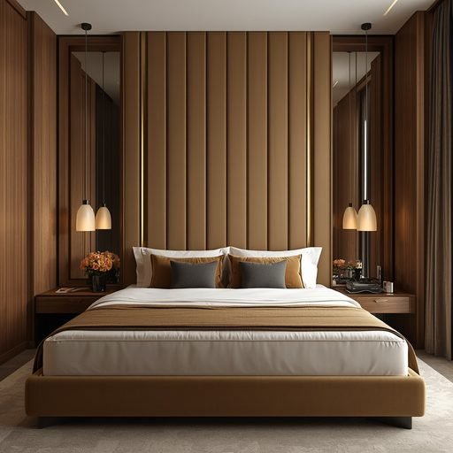 Full height velvet padded headboard in modern Pakistani bedroom